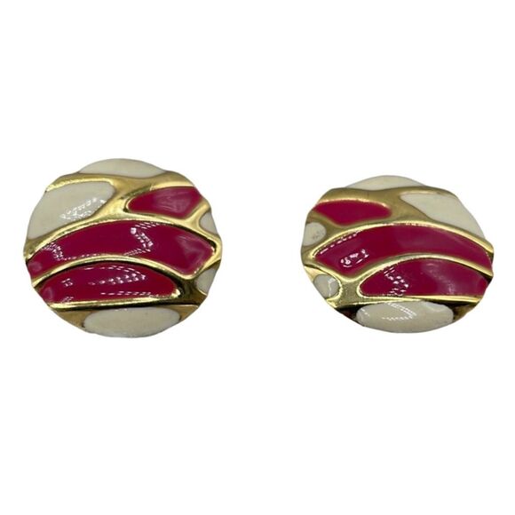 Vintage  big round enamel clip back earrings - Picture 1 of 9
